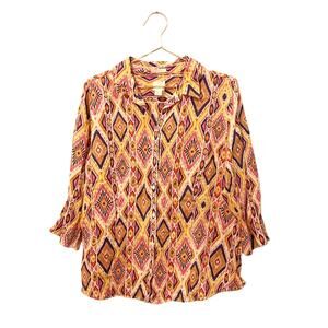 Chico's Linen Aztec Tribal 3/4 Sleeve Button Down Top